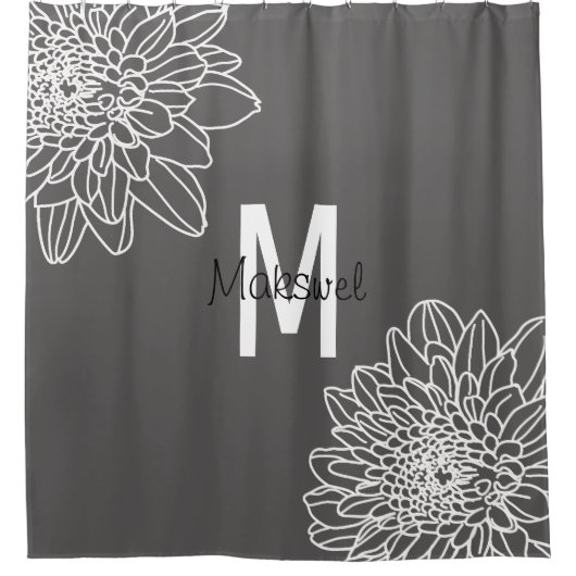 Trendy Grey met witte bloemen met naam Douchegordijn (Voorkant)