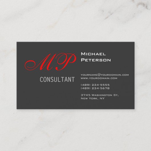 Trendy Grey Red Monogram Visitekaartje (Voorkant)