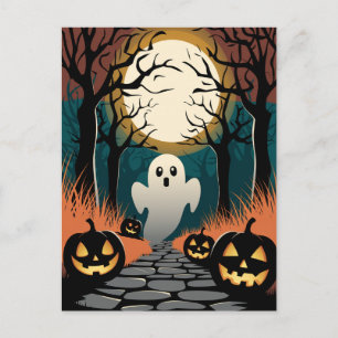 Trendy griezelige Halloween Pompoen Geest Maan bos Briefkaart