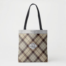 Trendy Grijs Tartan Metallic Monogram Naam Leraar Tote Bag