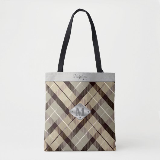 Trendy Grijs Tartan Metallic Monogram Naam Leraar Tote Bag (Voorkant)