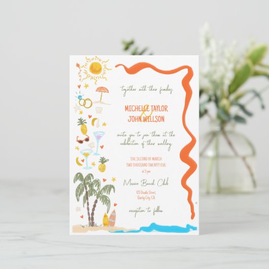 Trendy grillige Doodle Hand getrokken strand bruil Kaart (Staand voorkant)