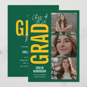 Trendy Groen Geel 3 Foto Afstudeerfeest Aankondiging
