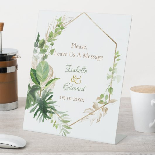 Trendy groen & goud tropische Monstera bladeren Reclamebord Met Voetstuk (Insitu)