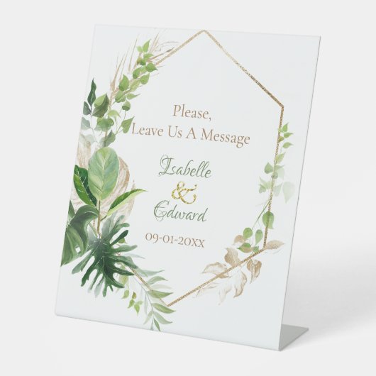 Trendy groen & goud tropische Monstera bladeren Reclamebord Met Voetstuk (Voorkant)