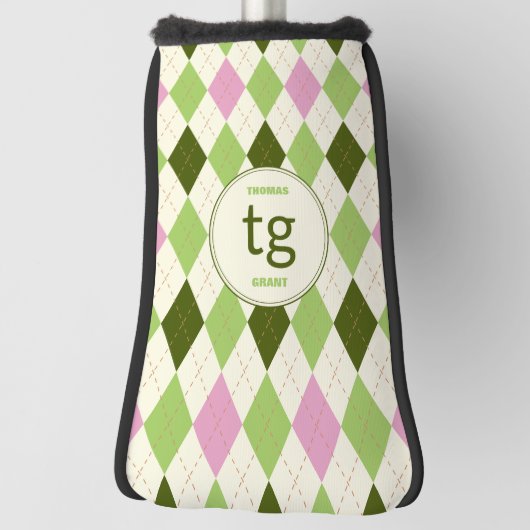 Trendy Groen & Roze Argyle Patroon Modern Monogram Golfheadcover (Draai 90)