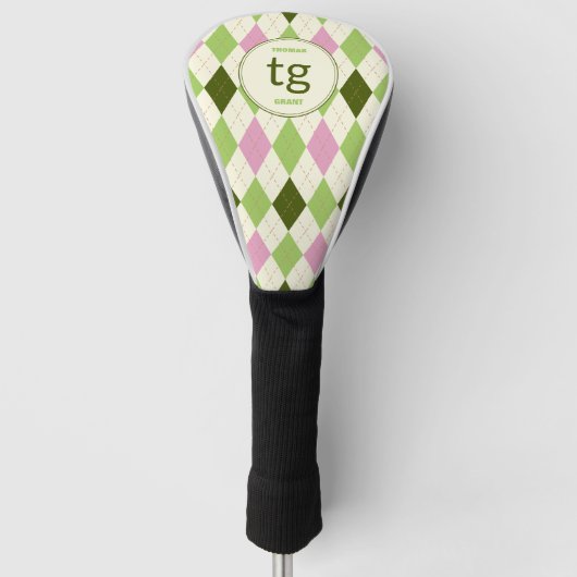 Trendy Groen & Roze Argyle Patroon Modern Monogram Golfheadcover (Voorkant)