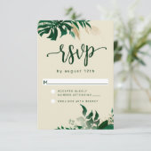 Trendy groen tropisch blad moderne bruiloft RSVP kaartje (Staand voorkant)