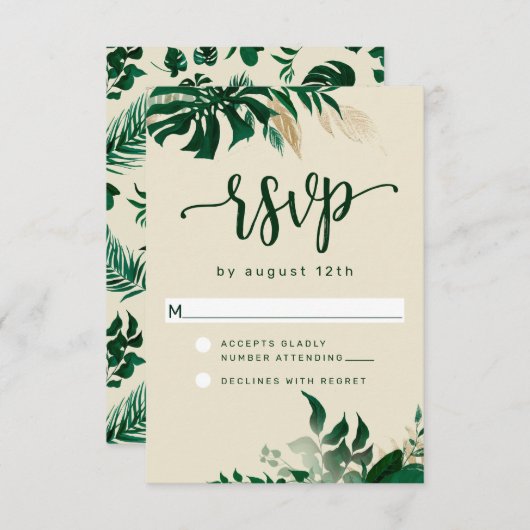 Trendy groen tropisch blad moderne bruiloft RSVP kaartje (Voorkant / Achterkant)