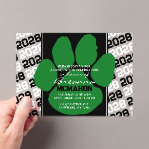 Trendy groen & zwart Afstuderen Pawprint Clear Acryl Uitnodigingen