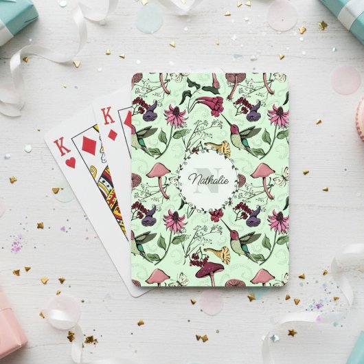 Trendy groene bloemen & kolibrie monogram pokerkaarten