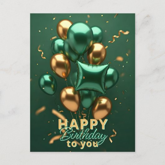 Trendy groene en gouden ballon verjaardagsfeest briefkaart (Voorkant)