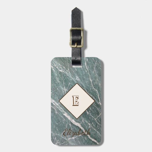 Trendy groene marmer, met monogram-personalisatie bagagelabel (Voorkant verticaal)