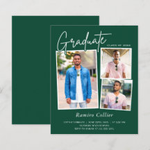 Trendy groene witte drie foto afstudeer uitnodigin