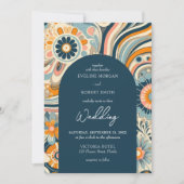 Trendy groovy bloemen navy sinaasappel blauw boog kaart (Voorkant)