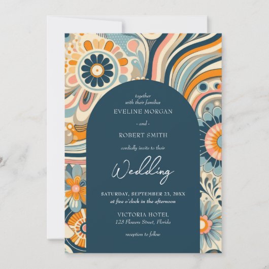 Trendy groovy bloemen navy sinaasappel blauw boog kaart (Voorkant)