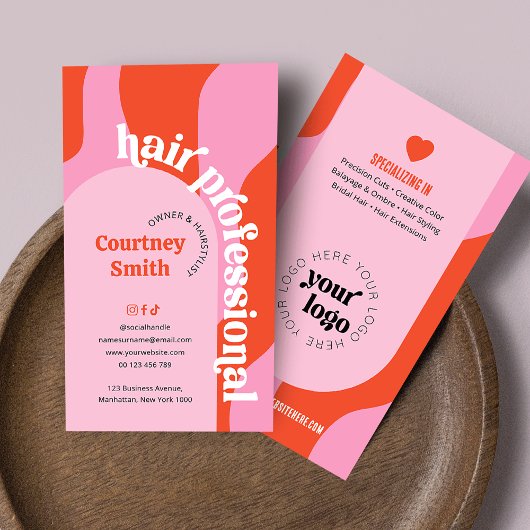 Trendy Groovy Roze & Rood Haar Salon Kapper Visitekaartje