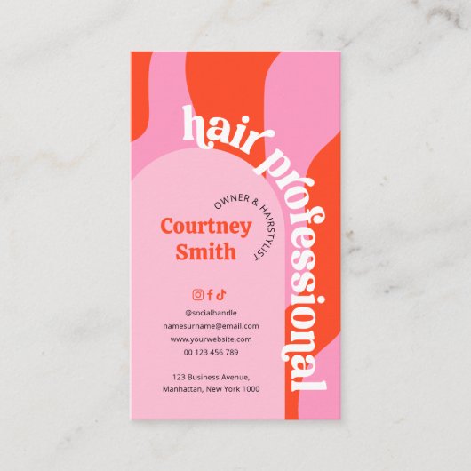 Trendy Groovy Roze & Rood Haar Salon Kapper Visitekaartje (Voorkant)