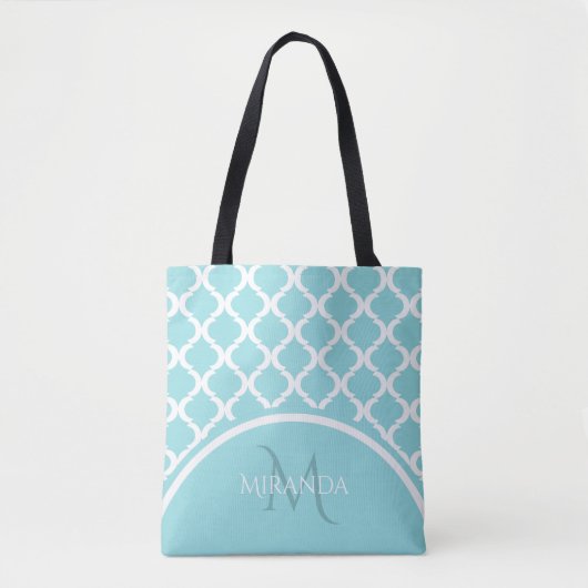 Trendy grote aqua vierlobbig monogram en naam tote bag (Voorkant)