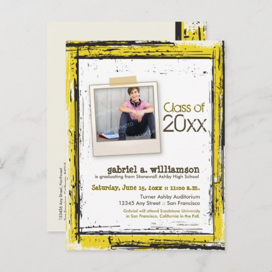 Trendy Grunge Afstuderen Aankondiging (geel) (Voorkant / Achterkant)