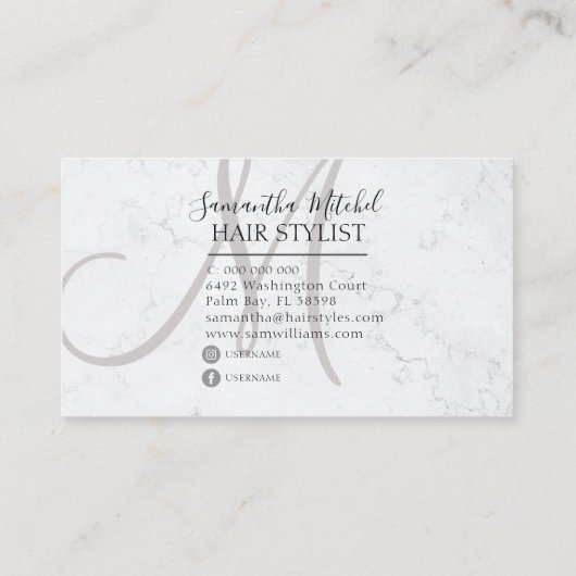 Trendy Hair Stylist Goud & Marmer Monogram Visitekaartje (Achterkant)