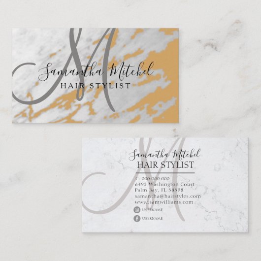 Trendy Hair Stylist Goud & Marmer Monogram Visitekaartje (Voorkant / Achterkant)