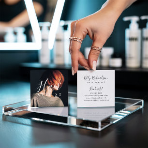 Trendy hair stylist white script hairdresser foto vierkante visitekaartje