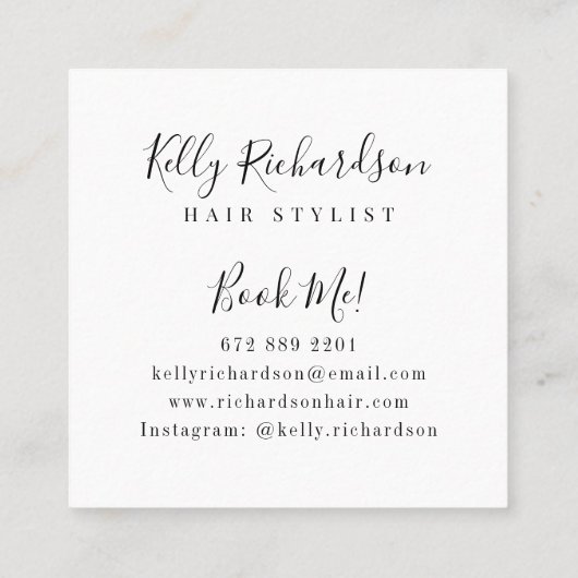 Trendy hair stylist white script hairdresser foto vierkante visitekaartje (Achterkant)
