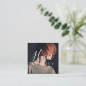 Trendy hair stylist white script hairdresser foto vierkante visitekaartje (Staand voorkant)