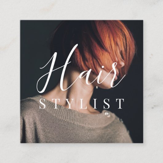 Trendy hair stylist white script hairdresser foto vierkante visitekaartje (Voorkant)