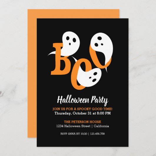 Trendy Halloween Party Boo Ghosts Black Uitnodigin Kaart (Voorkant / Achterkant)