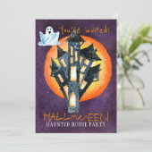 Trendy Halloween waterverf spookhuis feest Kaart (Staand voorkant)