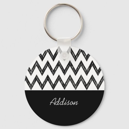 Trendy Hand Drawn Black and White Chevron and Name Sleutelhanger (Voorkant)