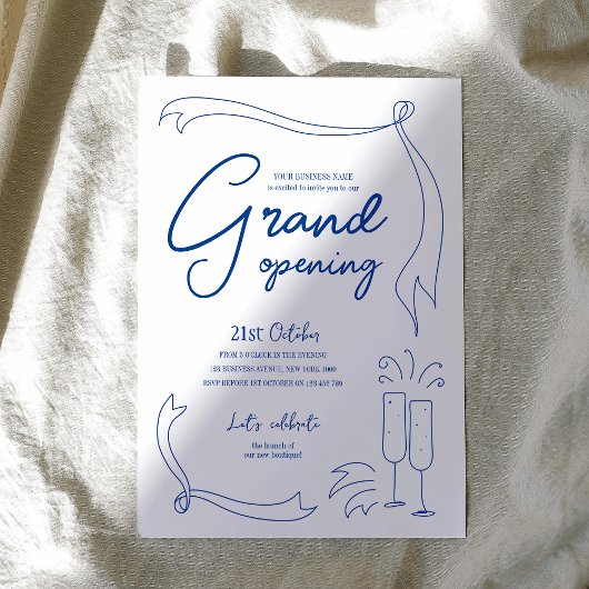 Trendy Hand Drawn Blue Business Logo Grand Opening Kaart