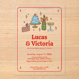 Trendy Hand Drawn Bold Red Whimsical Wedding Acryl Uitnodigingen