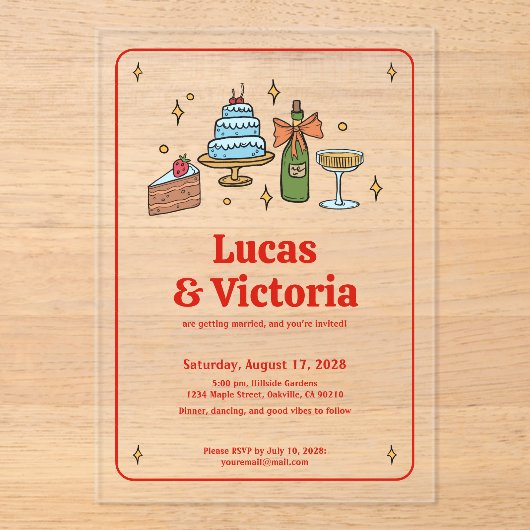 Trendy Hand Drawn Bold Red Whimsical Wedding Acryl Uitnodigingen (Voorkant)