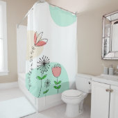 Trendy Hand getekend Artsy Bloemen Koraal Blauwgro Douchegordijn (In situ)