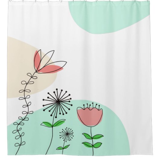 Trendy Hand getekend Artsy Bloemen Koraal Blauwgro Douchegordijn (Voorkant)
