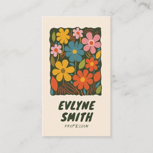 Trendy Hand getekend Kleurrijke Retro Funky Bloeme Visitekaartje (Voorkant)