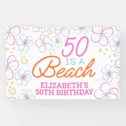 Trendy Hand Getrokken 50e Strand Verjaardag Spandoek (Horizontaal)
