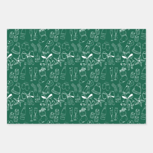 Trendy Hand Getrokken Monochroom Groen & Wit Xmas Inpakpapier Vel (Voorkant 3)