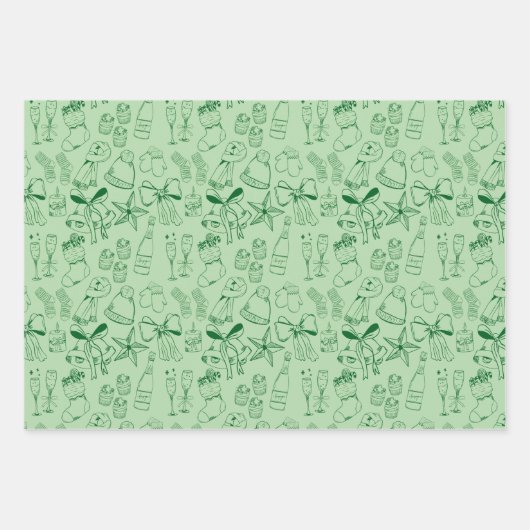 Trendy Hand Getrokken Monochroom Groen & Wit Xmas Inpakpapier Vel (Voorkant 2)