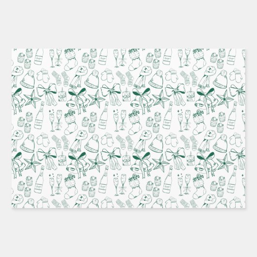 Trendy Hand Getrokken Monochroom Groen & Wit Xmas Inpakpapier Vel (Voorkant)