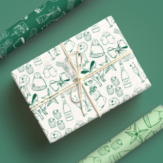 Trendy Hand Getrokken Monochroom Groen & Wit Xmas Inpakpapier Vel