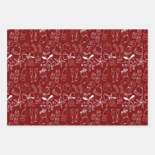 Trendy Hand Getrokken Monochroom Rood & Wit Xmas Inpakpapier Vel (Voorkant 3)