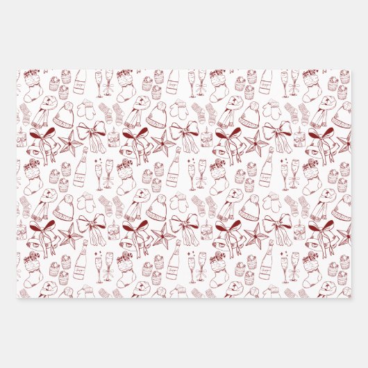 Trendy Hand Getrokken Monochroom Rood & Wit Xmas Inpakpapier Vel (Voorkant)