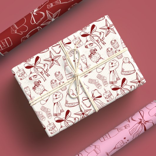 Trendy Hand Getrokken Monochroom Rood & Wit Xmas Inpakpapier Vel