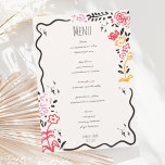 Trendy Hand getrokken Wildbloem Wavy Squiggle Brui Menu<br><div class="desc">Een trendy golvende rand handgeschreven krabbel stijl bruiloft menukaart volgens de nieuwste trend in bruiloft briefpapier. Eigenzinnige wildflower en kronkelende design rand voor een eigentijdse leuke bruiloft.</div>