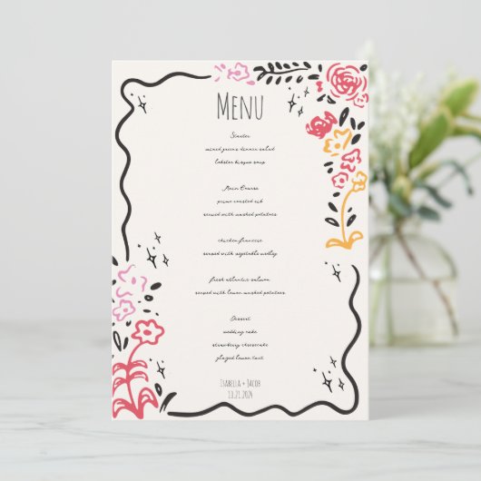 Trendy Hand getrokken Wildbloem Wavy Squiggle Brui Menu (Staand voorkant)