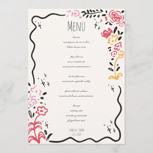 Trendy Hand getrokken Wildbloem Wavy Squiggle Brui Menu (Voorkant)